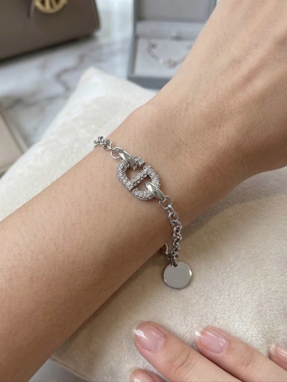 CD Silver Over Stainless Steel Rhinestone Link Bracelet 7" New In Box